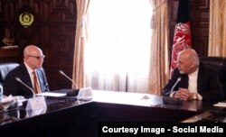 Afghan President Ashraf Ghani (right) meets with U.S. national security adviser H.R. McMaster in Kabul.