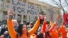Protesters rally in support of Georgian opposition leader Nika Melia in front of Tbilisi's city court on April 8.