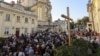 Hundreds gather for a farewell ceremony for the slain former Ukrainian parliamentary speaker Andriy Parubiy in Lviv on September 2.